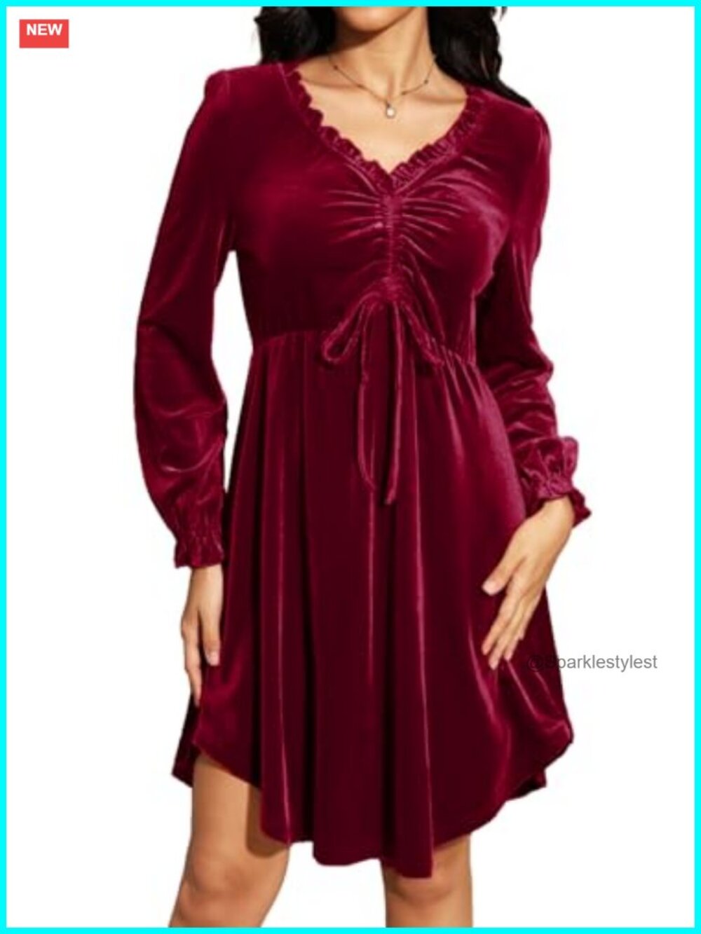 Women's Velvet V Neck Ruffle Long Sleeve Tie Front A-Line Mini Dress